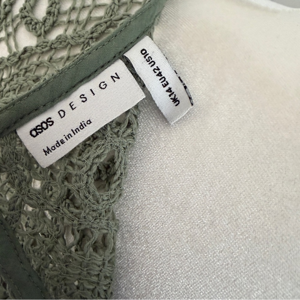 ASOS DESIGN crochet sleeve & neck midi smock dress in Sage Green Sz US 10*H19 - Picture 5 of 5